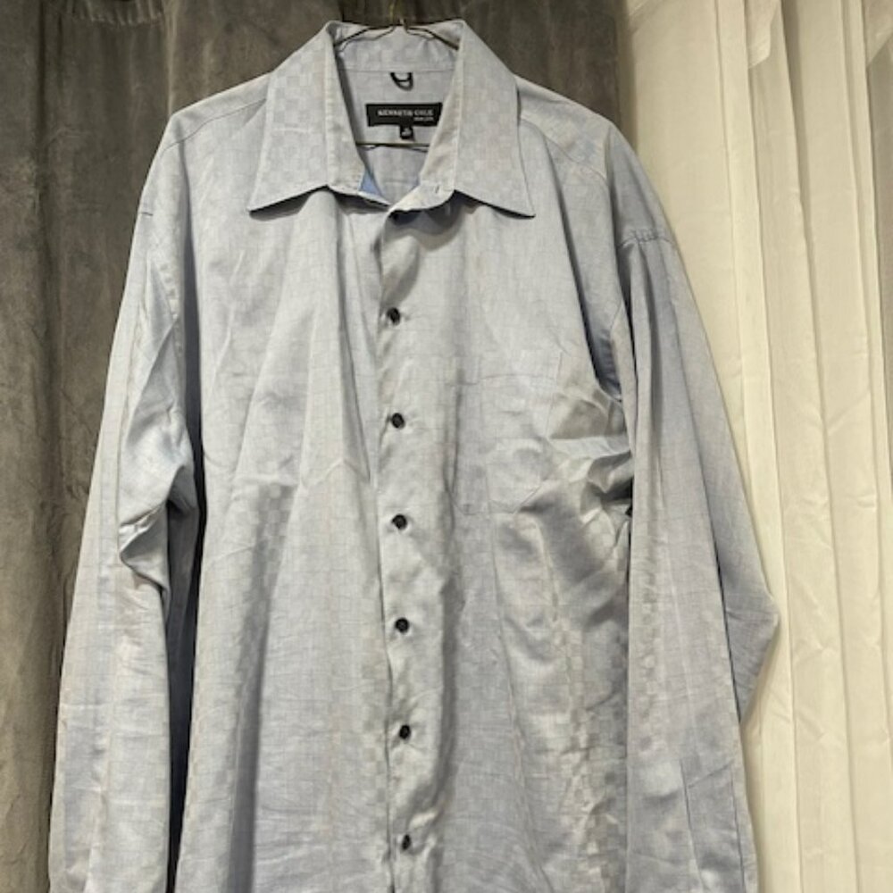 Kenneth Cole Blue checkered shirt, size 18 neck, sleeve 36 x 37. Great condition